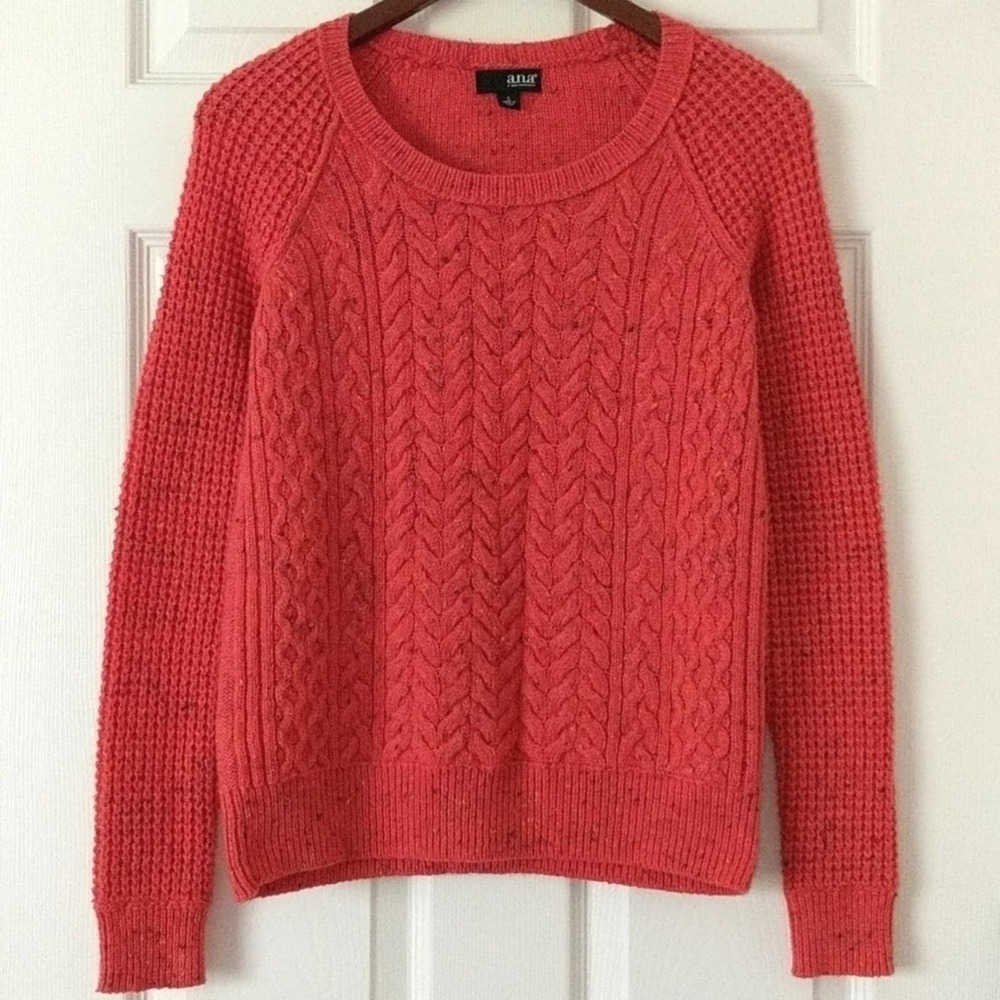a.n.a Speckled Wool Blend Cable & Waffle Knit Sweater Hot Pink Small